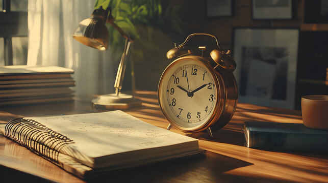 una oficina con un escritorio con un reloj despertador para alarma o recordatorio junto a una agenda con anotaciones importantes alerta para recordar