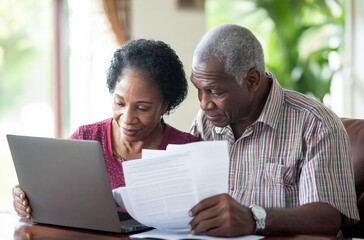 Senior couple reviewing financial documents together on a laptop, symbolizing retirement planning and budgeting. 