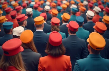 Large group of people in brightly colored hats and uniforms, back view, coordinated look, creative pattern of colors, red, orange, and teal hats
