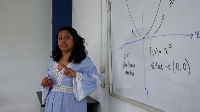 Profe matematicas explicando al grupo de estudiantes la grafica de la parabola