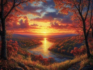 Obraz premium stunning autumn sunset casting warm hues over a winding river valley trees in vibrant shades of orange and red with a tranquil atmosphere enveloping the natural landscape
