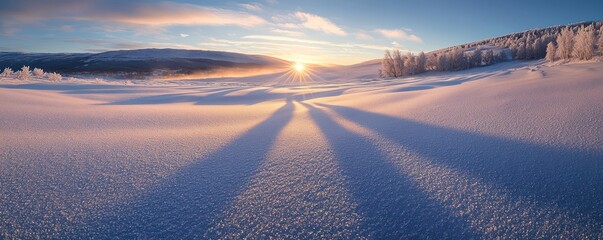 A panoramic photograph of a snowy landscape at sunrise, the light casting long shadows and highlighting the frosty textures