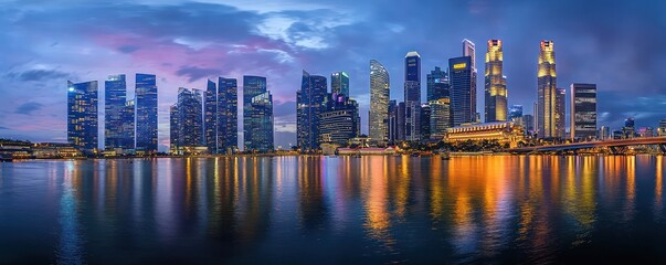 Fototapeta premium A panoramic photograph of a city skyline at night, with buildings lit up and reflections in the water, printed on a metallic finish for added sheen and depth
