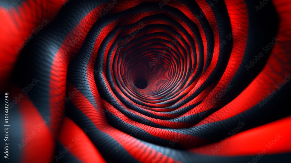 Poster abstract red and black spiral tunnel with textured surface, futuristic design concept