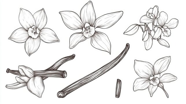 A vector hand-drawn illustration of a vanilla flower and its pods. This set includes detailed drawings of the orchid flower and spice pods, presented in a bundle. 