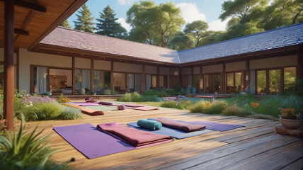 At a peaceful retreat center, participants partake in mindfulness retreats, their days filled with yoga, meditation, and silent reflection, Generative AI