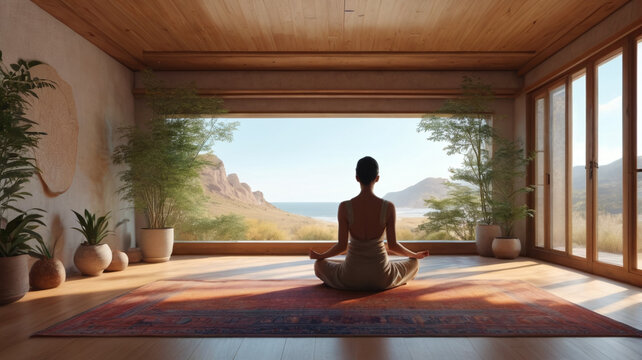 Within the tranquil confines of a meditation room, practitioners find solace in the simplicity of silent sitting and contentment, Generative AI