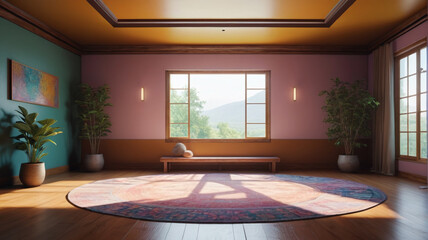 Fototapeta premium Within the tranquil confines of a meditation room, practitioners find solace in the simplicity of silent sitting and contentment, Generative AI