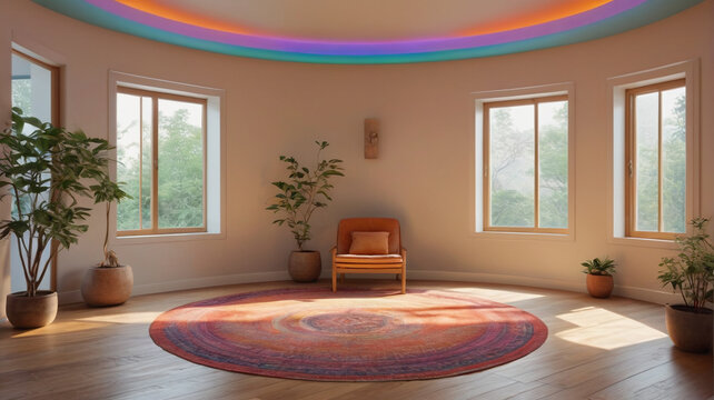 Within the tranquil confines of a meditation room, practitioners find solace in the simplicity of silent sitting and contentment, Generative AI