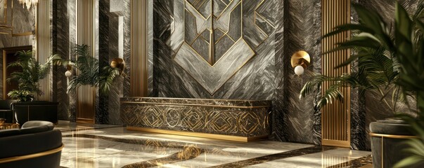 A series of art deco-inspired panels, each crafted from polished marble and inlaid with brass detailing, creating a luxurious backdrop in a hotel lobby