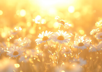 Sunlit meadow filled with vibrant daisies during golden hour in spring, showcasing nature's beauty and serenity