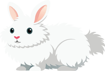 Fluffy white rabbit sitting, illustrated in a cute cartoon style