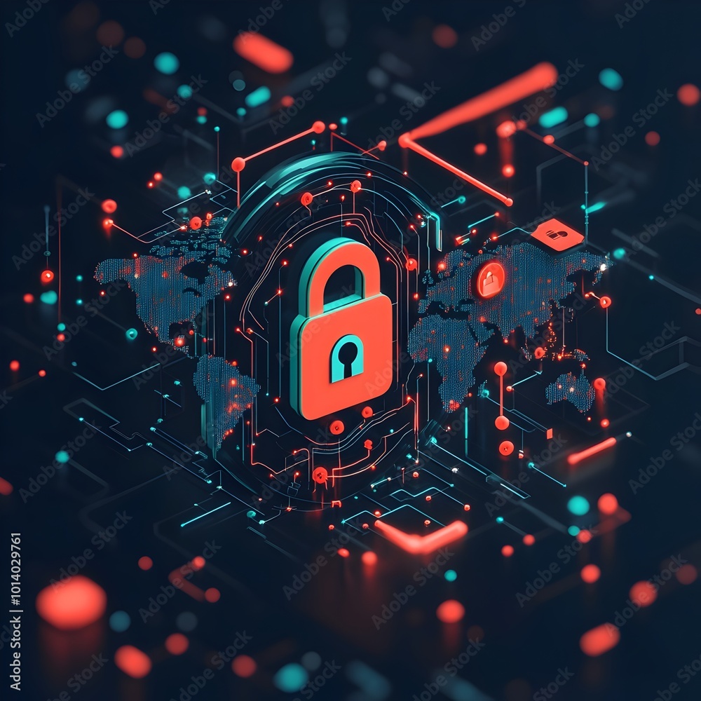 Poster secure digital network with padlock icon on holographic world map complex circuitry and microchips d