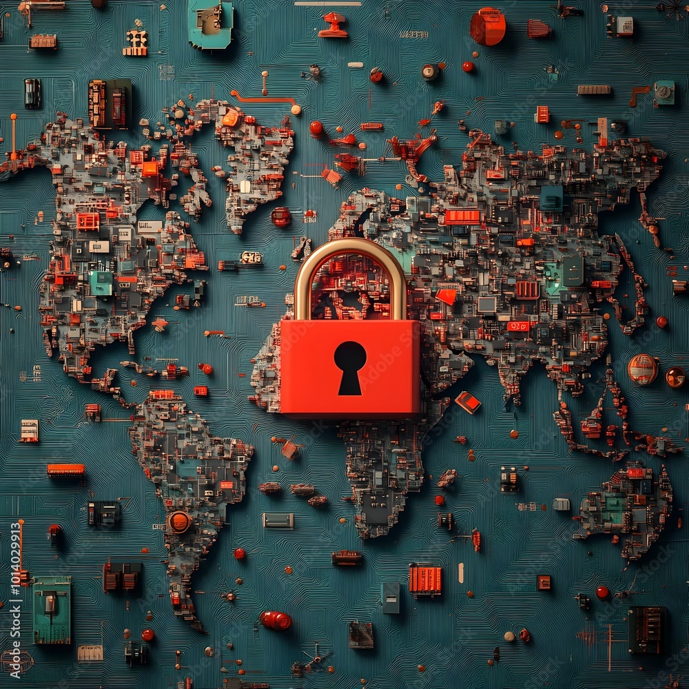 Poster secure digital realm with padlock on global map of microchips and circuit boards depicting cybersecu