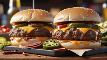 Pub burgers satisfy, hearty toppings, chili, cheese, jalapenos, sports bar staple, Generative AI