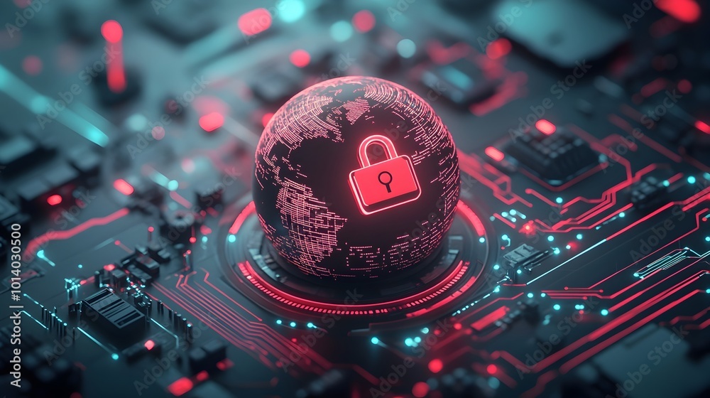 Poster fortifying secure global digital networks with padlock symbol on a metallic futuristic sphere agains