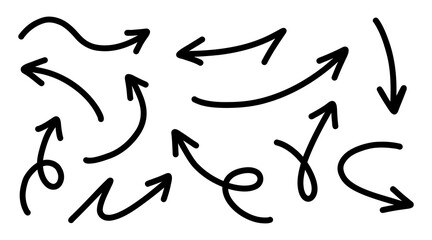 Hand drawn arrows collection Set simple flat arrows isolated on white background. Arrow mark icons and arrow paint. Stock vector. EPS10.