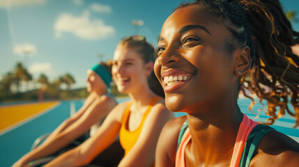 Obraz premium Side Profile Candid Happy Positive Joyful Diverse Group of Paralympic Athletes in Wheelchairs on a Running Track, Embracing Friendship, Diversity and Inclusivity in Sports and Fitness. Summer Training