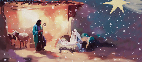Silent Night: A Serene Nativity Scene, painting biblical  illustration