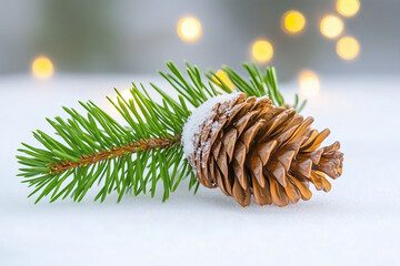 Close-up of a pinecone and green pine branch resting on snow, with soft glowing lights in the background