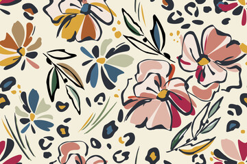 Botanical background of abstract flowers and leopard skin spots. Seamless handmade summer floral background template. Sketchy pattern of black outlines, white, orange, muted and natural