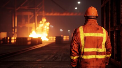 Obraz premium Workers at Nighttime Scene with Fire in Background