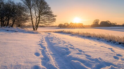 Obraz premium A snowy landscape with deep, snow-covered ground, bathed in the golden glow of sunrise