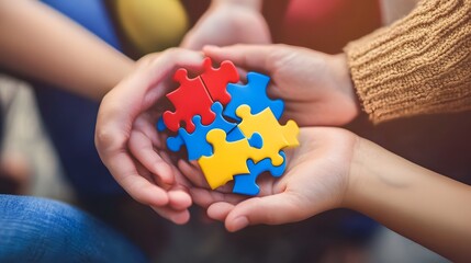 Puzzle pieces symbolizing the autism spectrum, alongside a family holding hands and engaging in supportive activities, illustrating the crucial role of family support and unity
