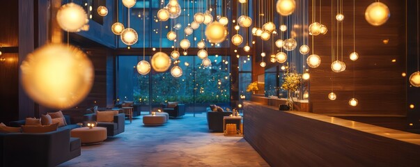 A stylish boutique hotel lobby with an art installation of floating lights that gently move with air currents, creating an ever-changing light display