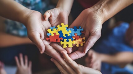 Puzzle pieces symbolizing the autism spectrum, alongside a family holding hands and engaging in supportive activities, illustrating the crucial role of family support and unity