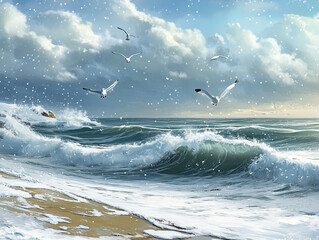 Chilly Shores: Winter Beach Scene with Ocean Waves Crashing Against Snow