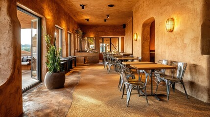 A zero-emission restaurant interior with clay plaster walls, recycled metal furniture, and cork flooring