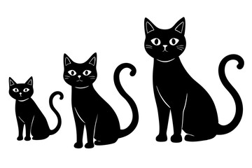 Set of vector black cats in different poses isolated on white background. Feline minimalistic illustration for Halloween. Sitting and walking cats