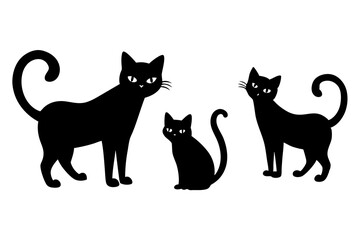Set of vector black cats in different poses isolated on white background. Feline minimalistic illustration for Halloween. Sitting and walking cats
