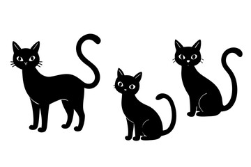Set of vector black cats in different poses isolated on white background. Feline minimalistic illustration for Halloween. Sitting and walking cats