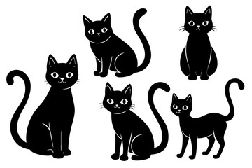 Set of vector black cats in different poses isolated on white background. Feline minimalistic illustration for Halloween. Sitting and walking cats