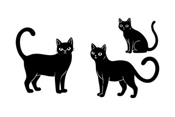 Set of vector black cats in different poses isolated on white background. Feline minimalistic illustration for Halloween. Sitting and walking cats