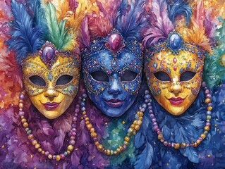 vibrant watercolor illustration of mardi gras symbols like masks beads and feathers set against a bright festive background capturing the spirit of celebration