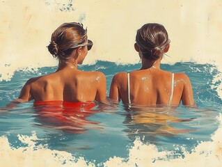 vintage illustration of a couple of swimmers elegantly posed and isolated on a clean white background this artwork evokes a sense of nostalgia for classic swim culture and leisure activities