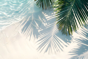 Shade from tropical leaves on a white sand beach. Natural abstract background, the concept of a summer vacation on the beach
