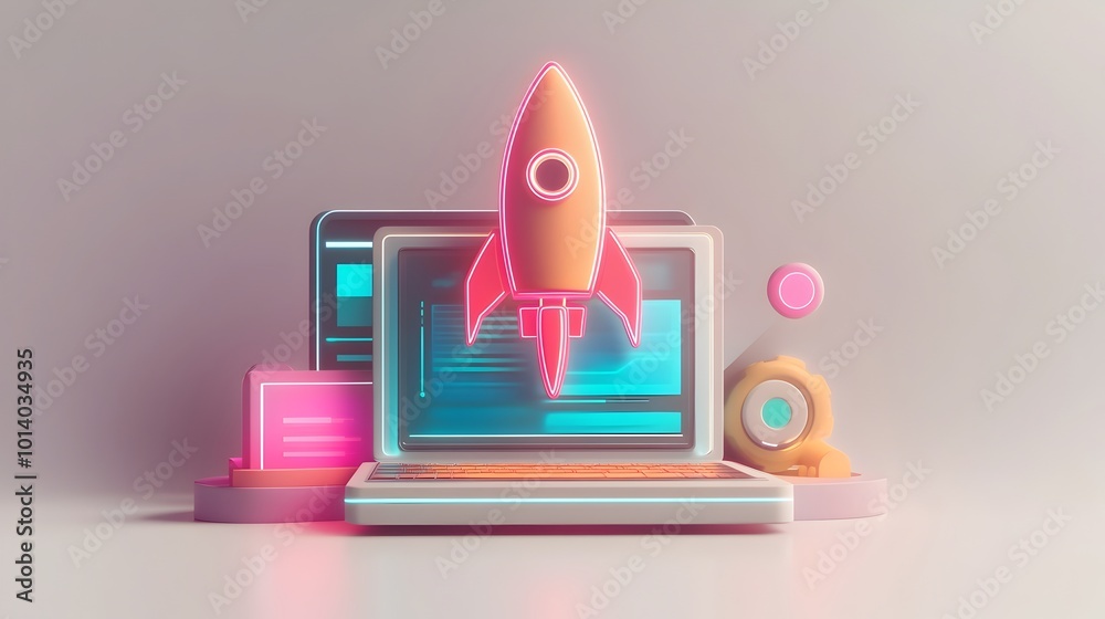 Poster innovative 3d startup visualization featuring a laptop with a rocket icon showcasing a futuristic pr