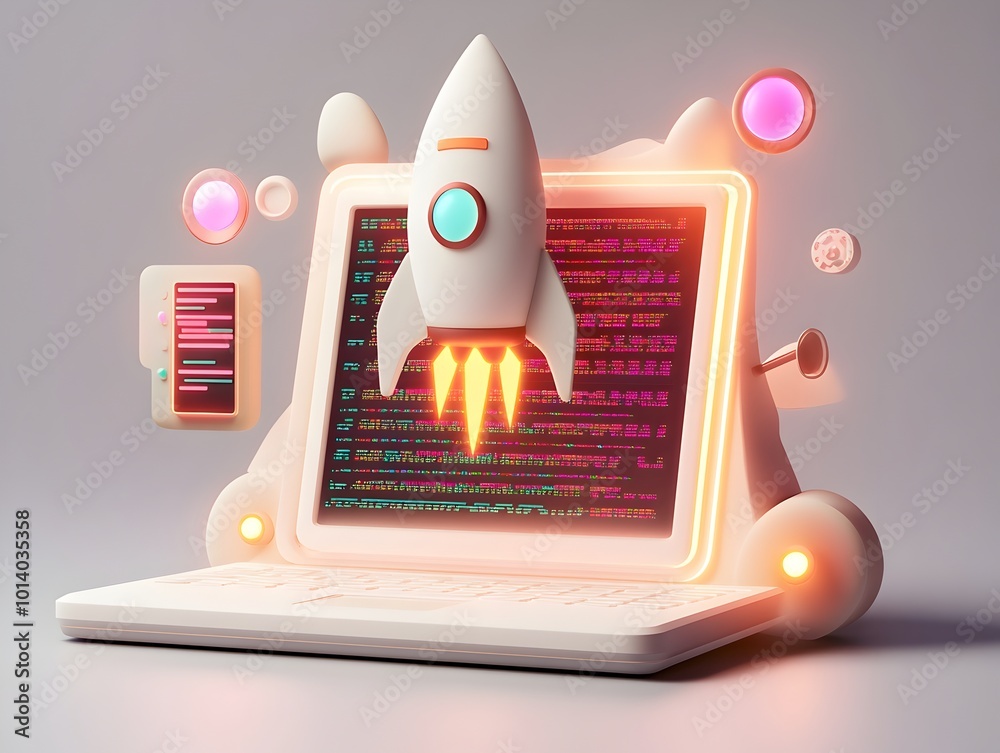 Poster dynamic rendering of a futuristic startup concept featuring a sleek white laptop a glowing rocket ic