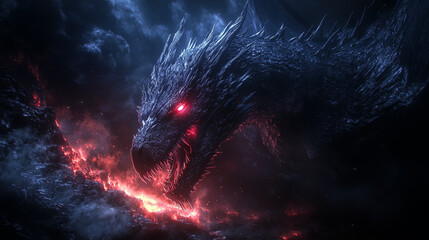 Fototapeta premium ferocious black dragon exhales smoke and ash, its fiery gaze piercing the dark night