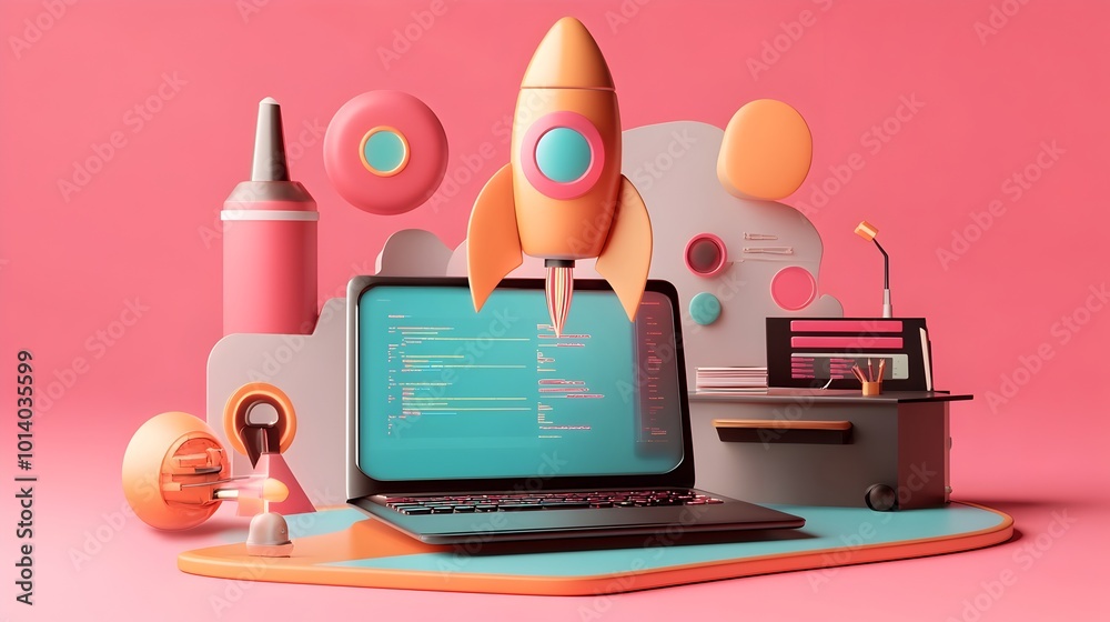 Poster visionary 3d rendered startup concept with a sleek laptop futuristic rocket icon high tech programmi
