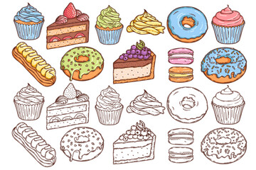 Macaron and cheesecake, meringue, eclair, cupcake and donut with glaze icing dessert vector coloring page for coloring book. Bake sweet dessert