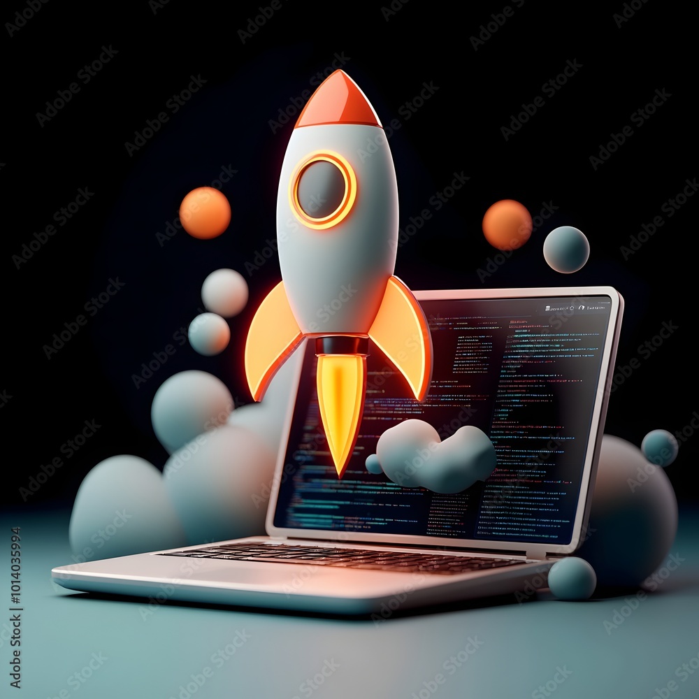 Poster cutting edge 3d visualization showcasing a disruptive startup concept featuring a laptop device and 