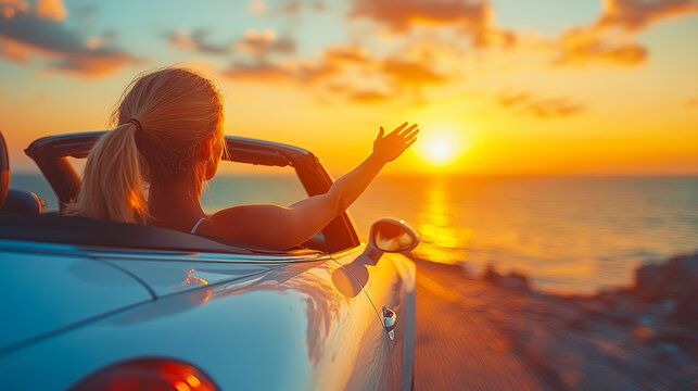 Man enjoying summer road trip in white hatchback car at sunset, joyful travel adventure with hand extended out window, scenic drive along coast feeling freedom and relaxation