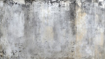 Obraz premium Close-up of a weathered, whitewashed concrete wall with patches of grey, yellow, and black paint.