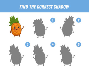 Find correct shadow of cute pineapple. Educational logical game for children. Funny fruit. Cartoon pineapple character. Vector