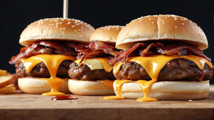Juicy cheeseburgers with crispy bacon, melted cheese, and tangy BBQ sauce, a mouthwatering indulgence for burger lovers, Generative AI